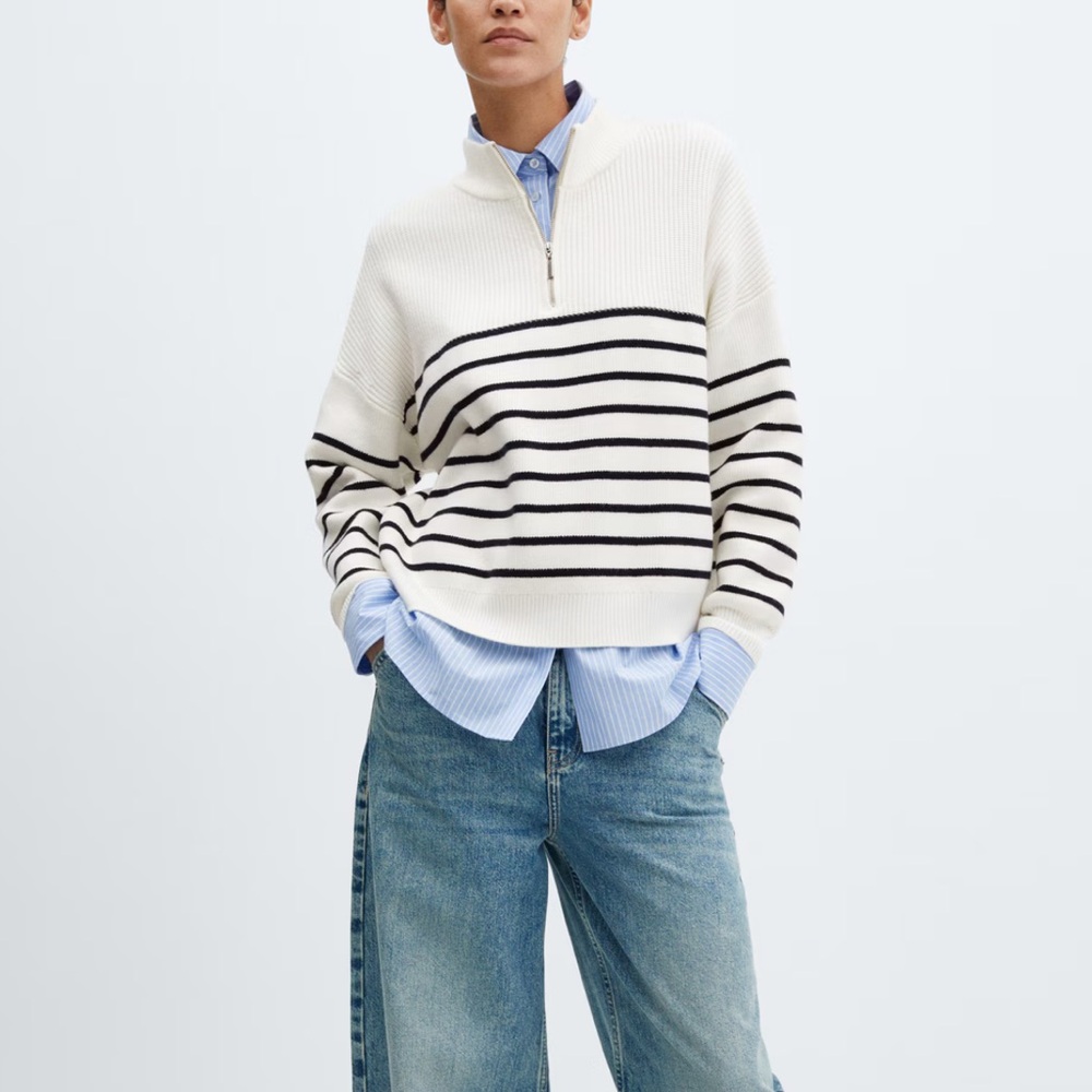 New mango striped sweater w zip sz xl white navy blue womens pullover